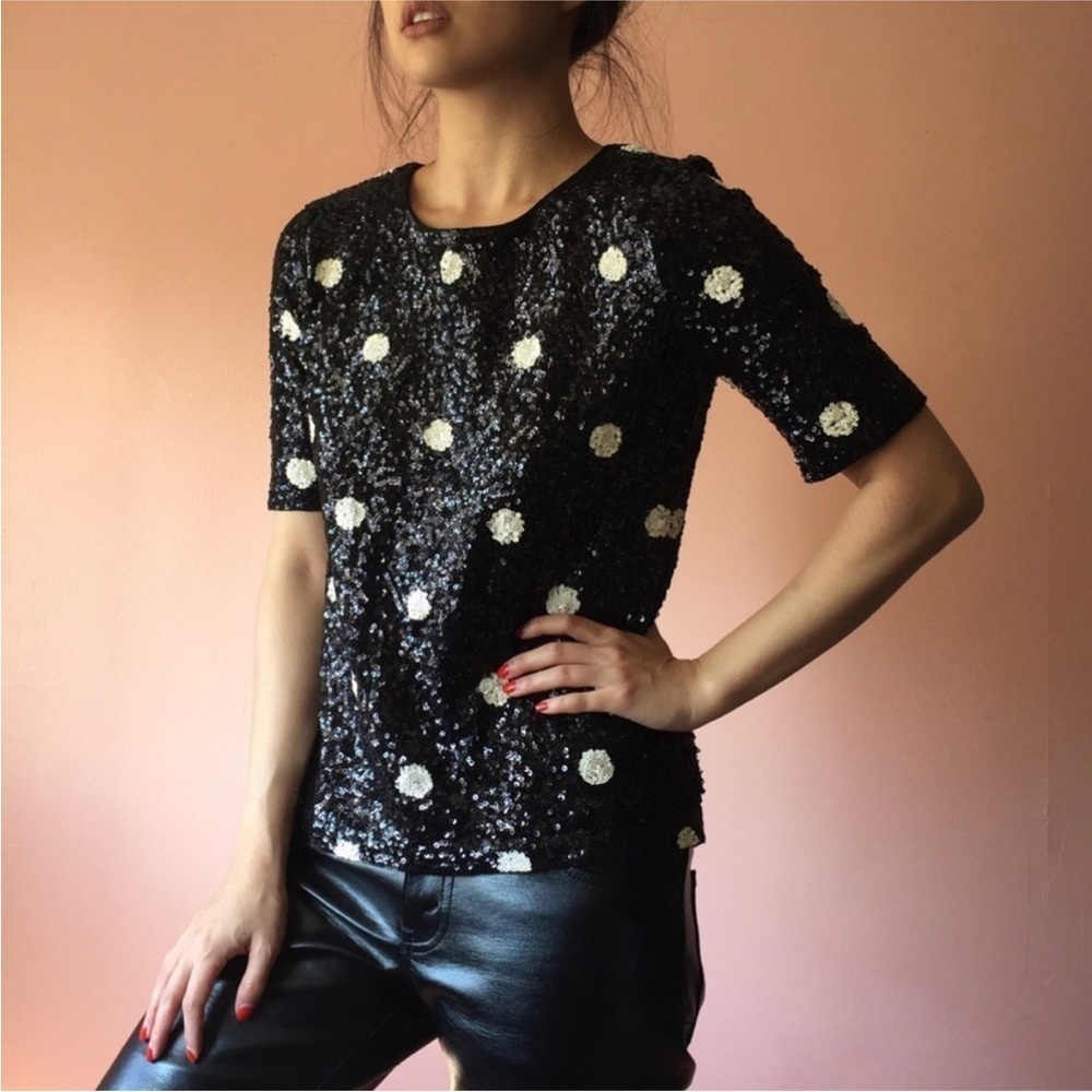 J Crew Polka Dot Sequin Top Black white size small NWT